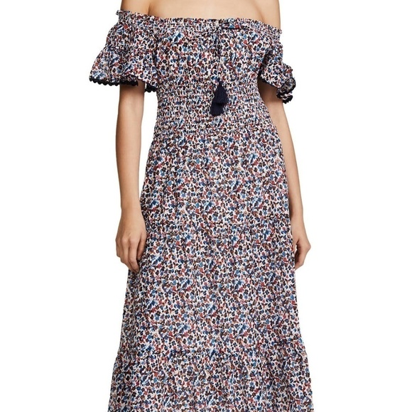 Tory Burch Cotton Smocked Midi Dress Off the Shoulder Floral Wildflower Print - Picture 1 of 10
